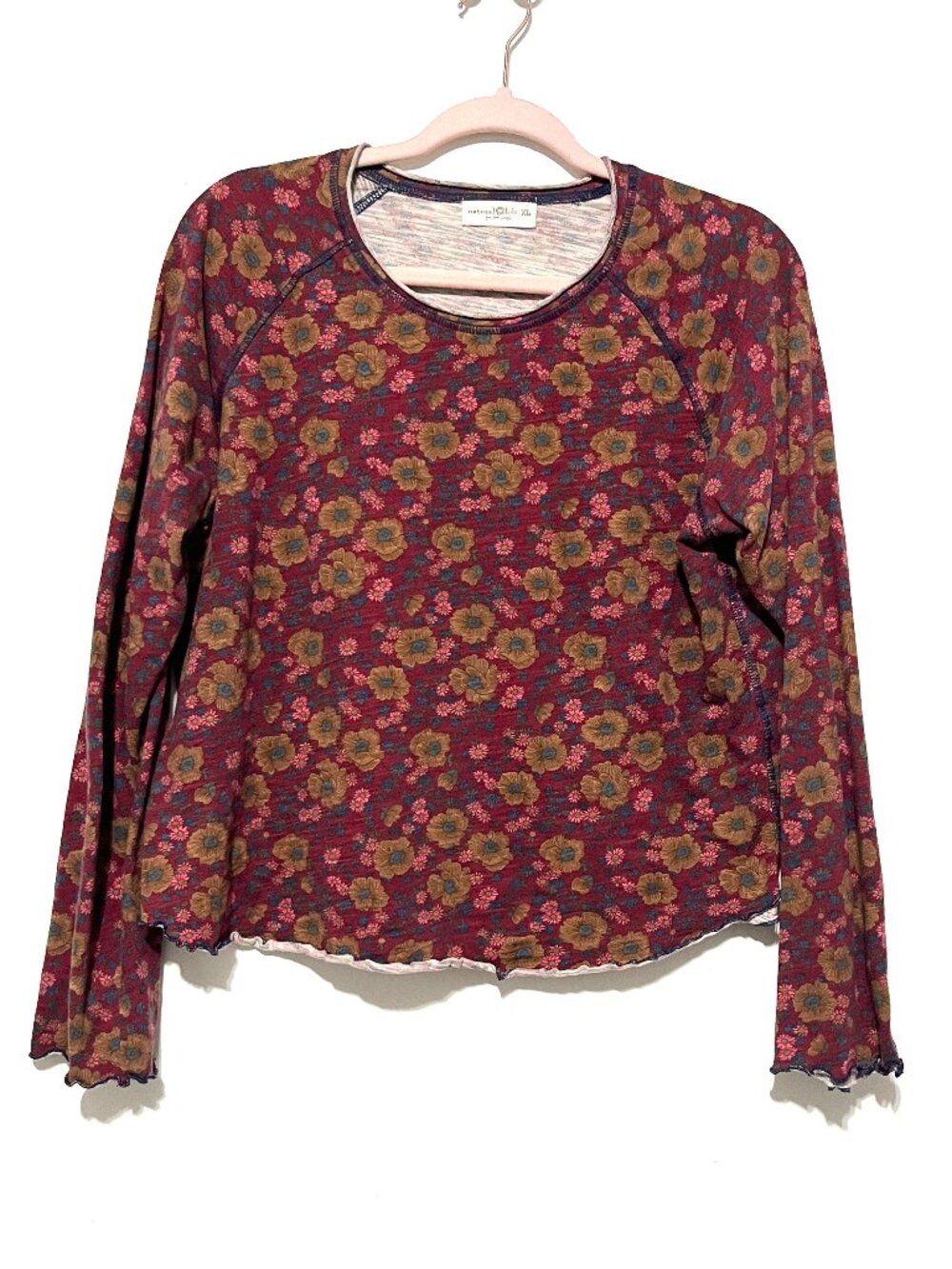 Natural Life Womens Lilly Long Sleeve Tee XL Burgundy Floral Cotton Bohemian